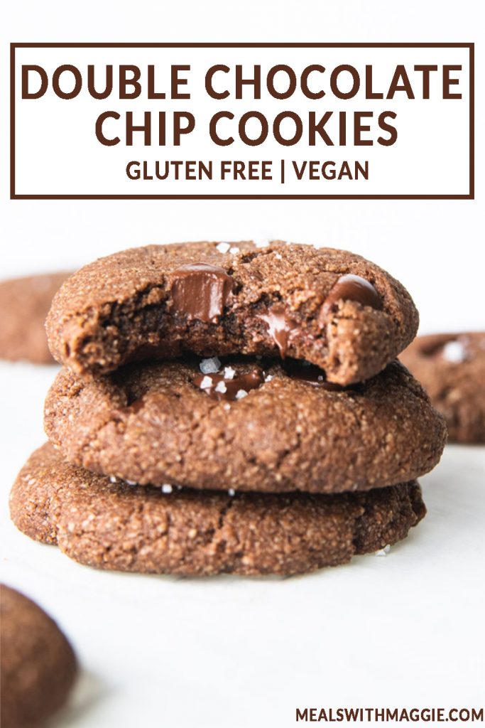 A stack of cookies with chocolate chips and text above them.