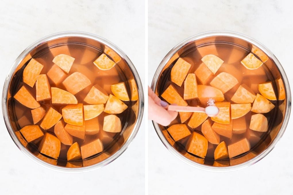 a side by side picture of sweet potatoes in an instant pot.