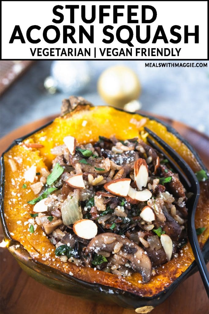 a side view of stuffed acorn squash with mushrooms and text above it.