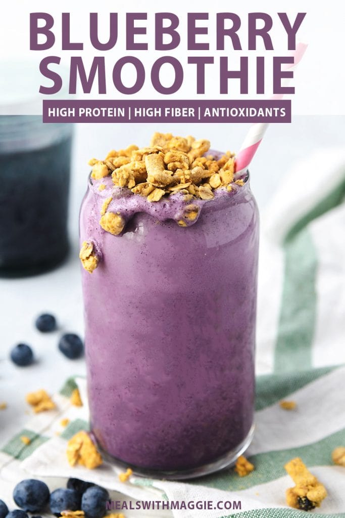 a blueberry smoothie with granola on top and text above it.