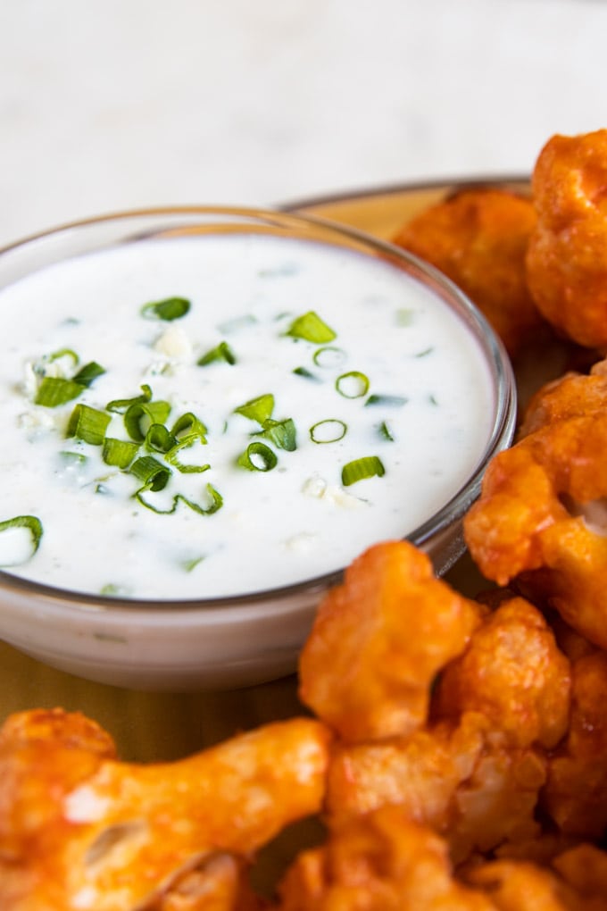 blue cheese dip with green onions on top. 