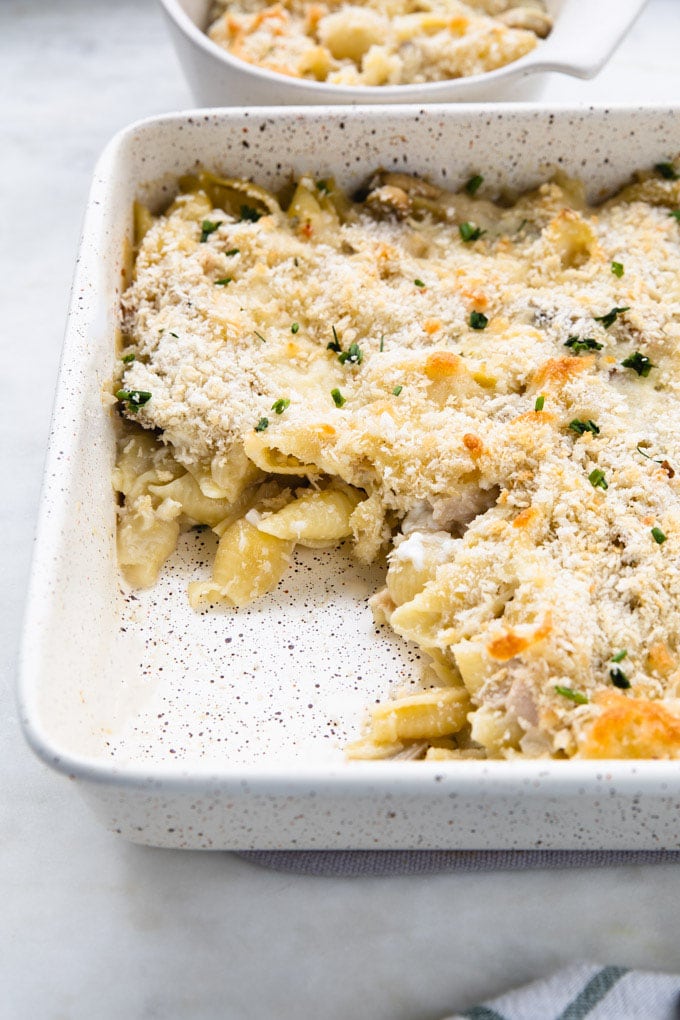 healthy tuna casserole in a dish.