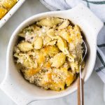 tuna casserole in a bowl with a fork.