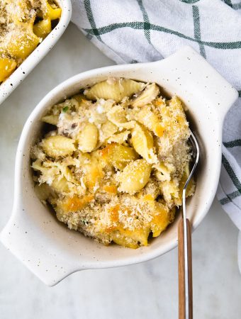 healthy tuna casserole in a bowl with a fork.