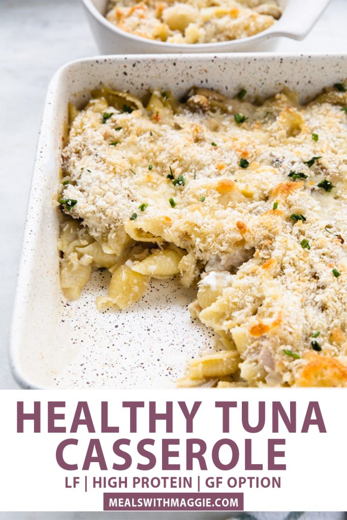 Healthy tuna casserole with text under it. 