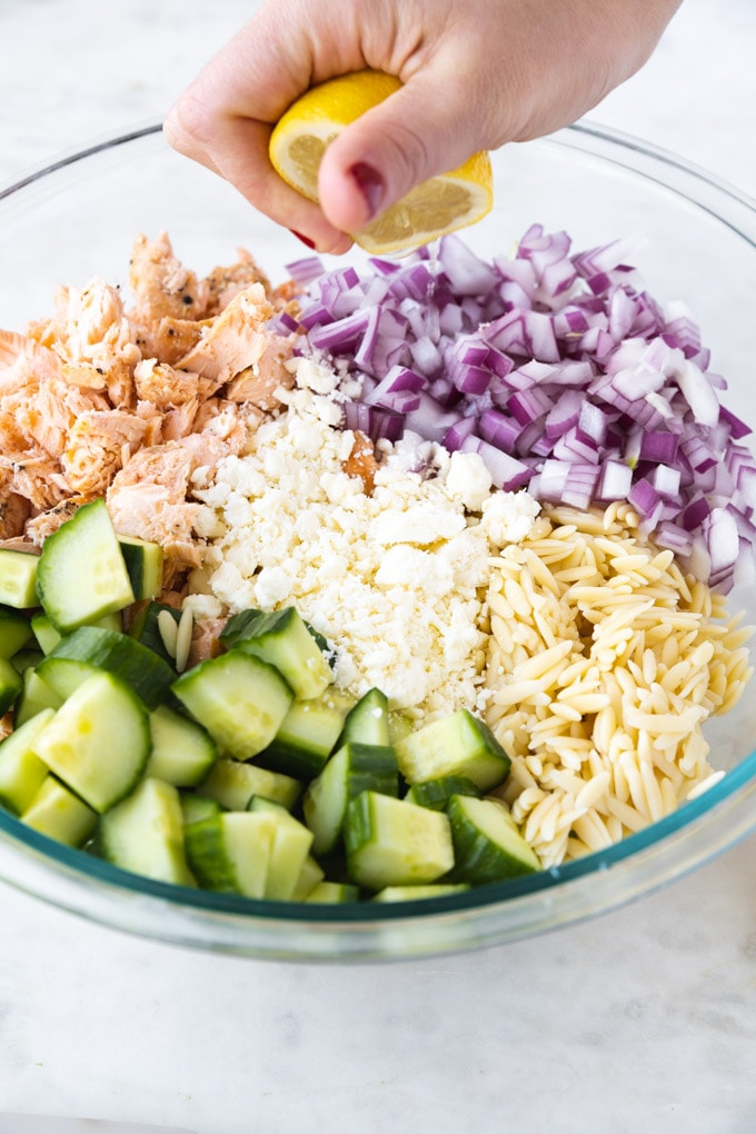 Ingredients separated for salmon salad in a bowl.