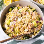 salmon orzo salad in a bowl