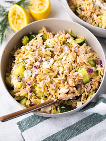 salmon orzo salad in a bowl