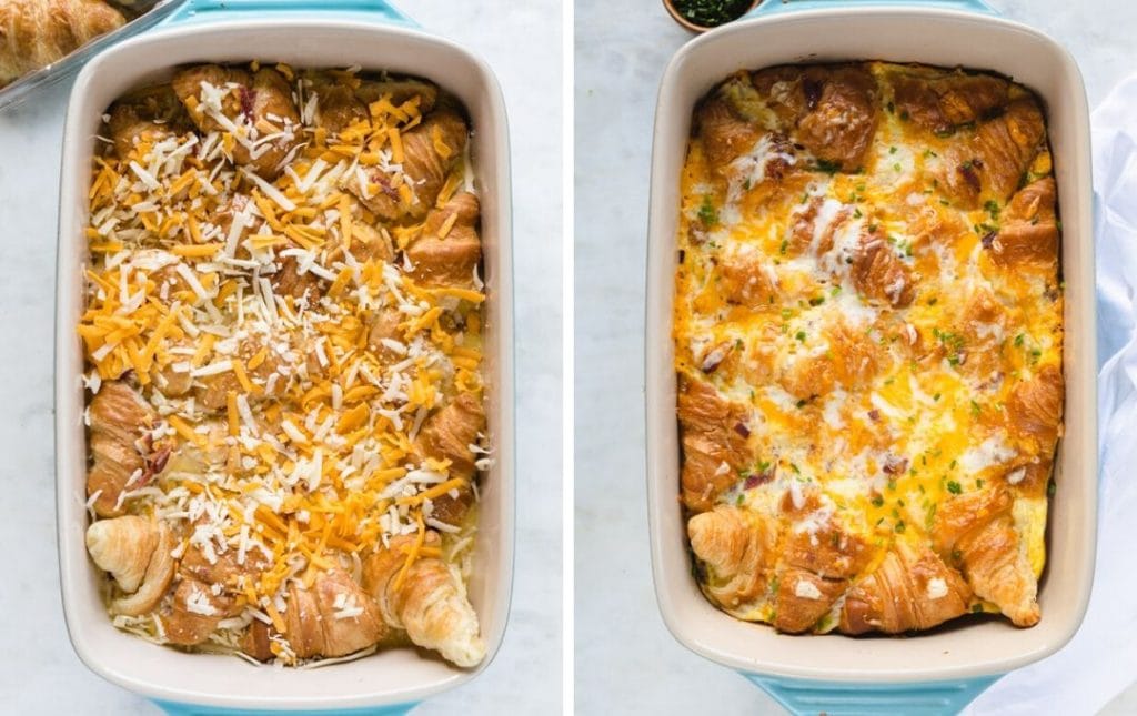 A side by side picture of before and after the casserole.