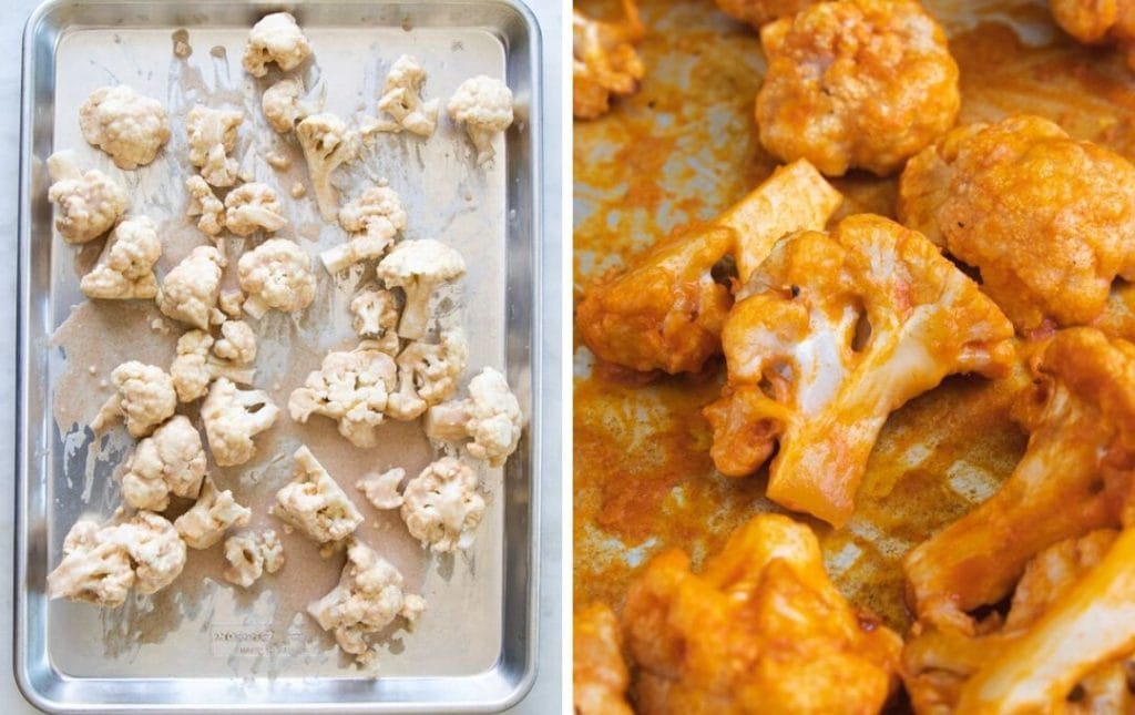 side by side buffalo cauliflower wings on a baking sheet. 