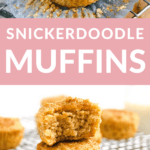 snickerdoodle muffins stacked on top of one another with a bite taken out of it.