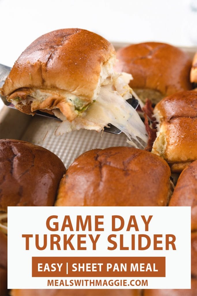 A turkey slider with a cheese and game day slider text under it.