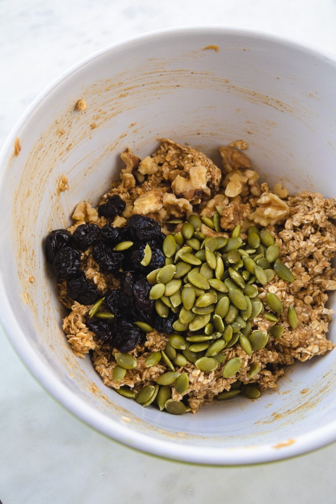 Ingredients for healthy breakfast cookies in a bowl.