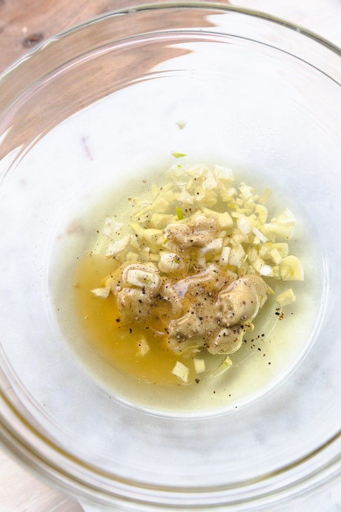 Ingredients for honey mustard chicken in a bowl.