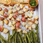 healthy honey mustard chicken on a sheet pan with vegetables