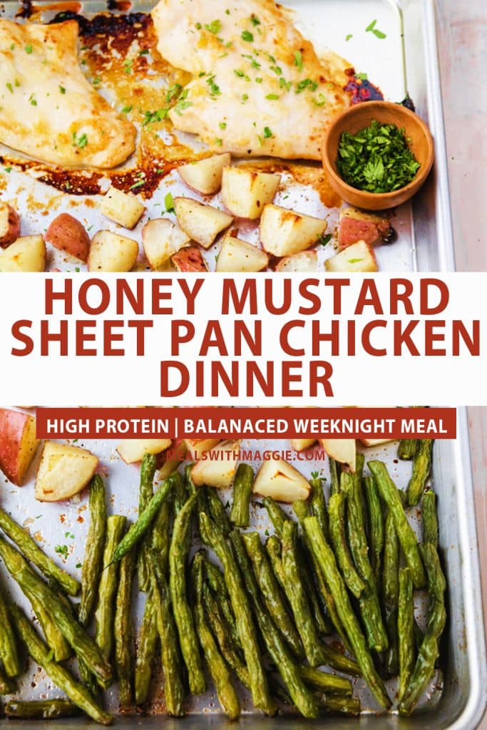 a sheet pan with chicken and vegetables on it with text. 