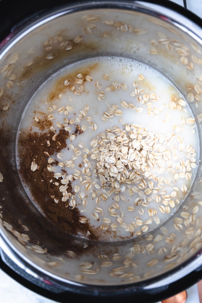 Ingredients for instant pot oatmeal in the pot. 