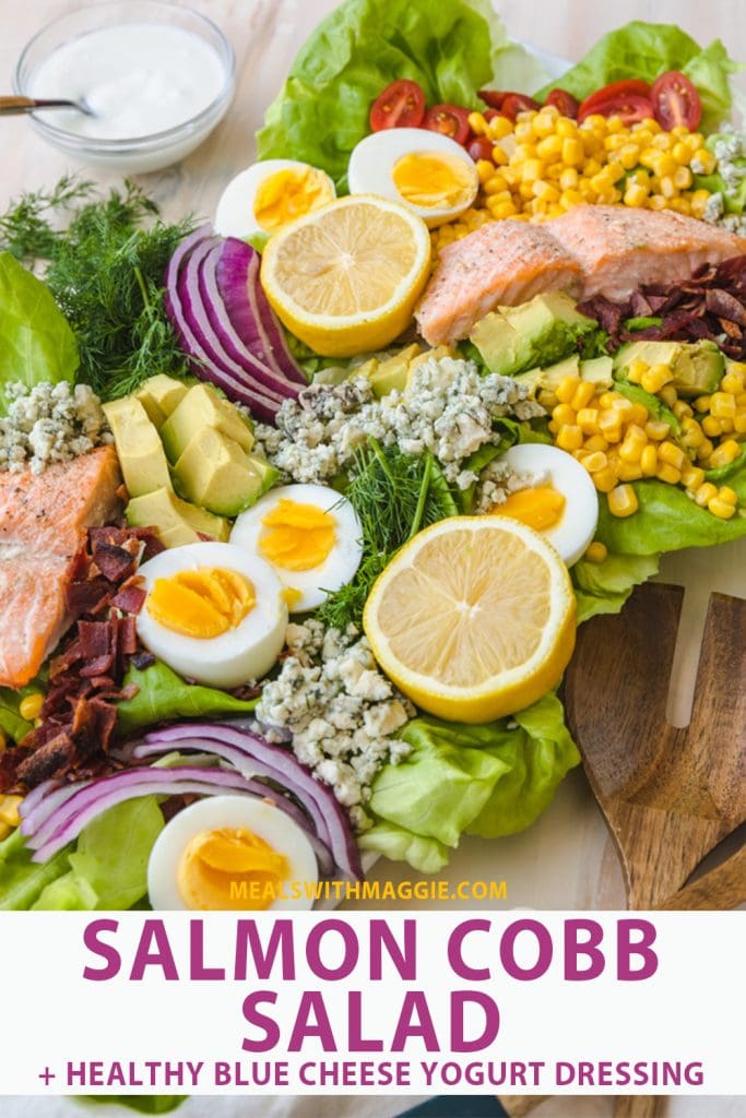 salmon Cobb salad text under colorful salad