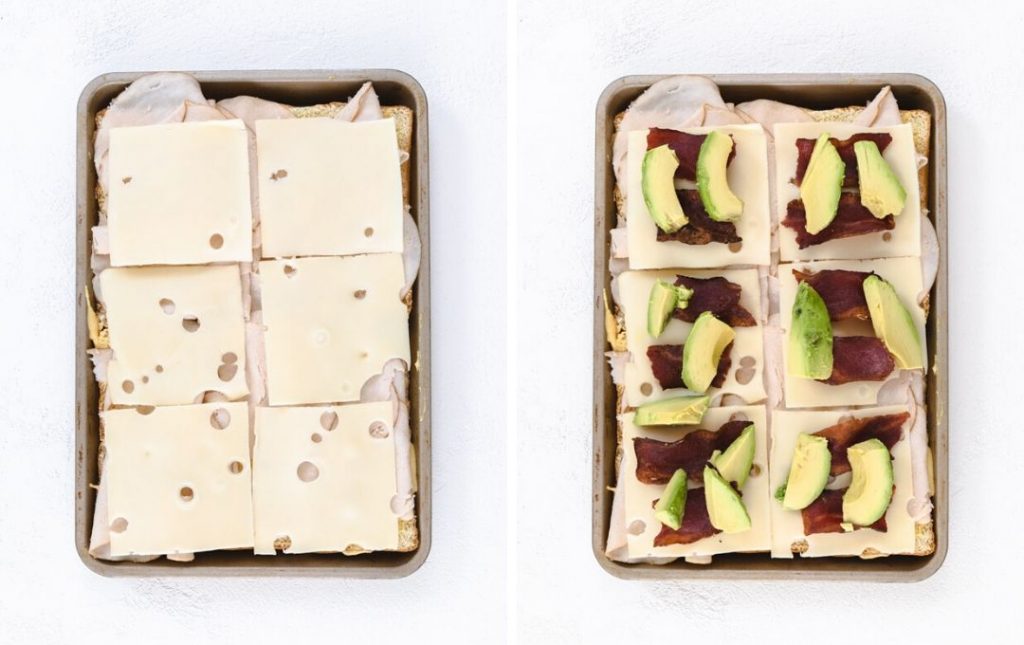 sheet pan turkey sliders side by side toppings with avocado. 