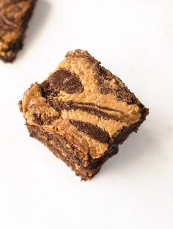 The top of a marbled peanut butter brownie