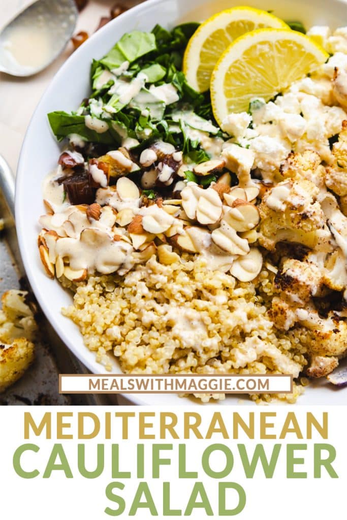 A bowl of Mediterranean salad with quinoa and lemon tahini dressing.