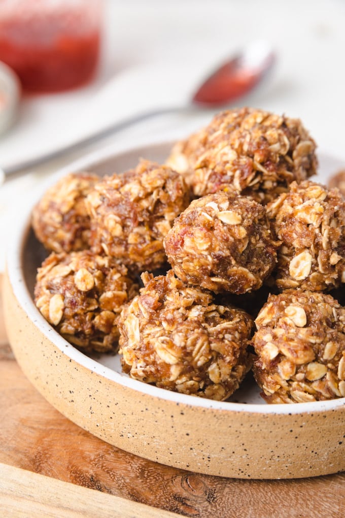 Peanut butter and jelly bites in a bowl. 