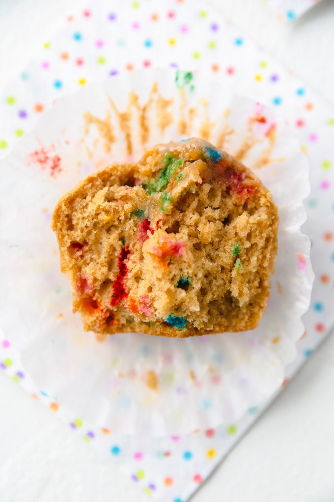 Inside of a cupcake on a colorful napkin.