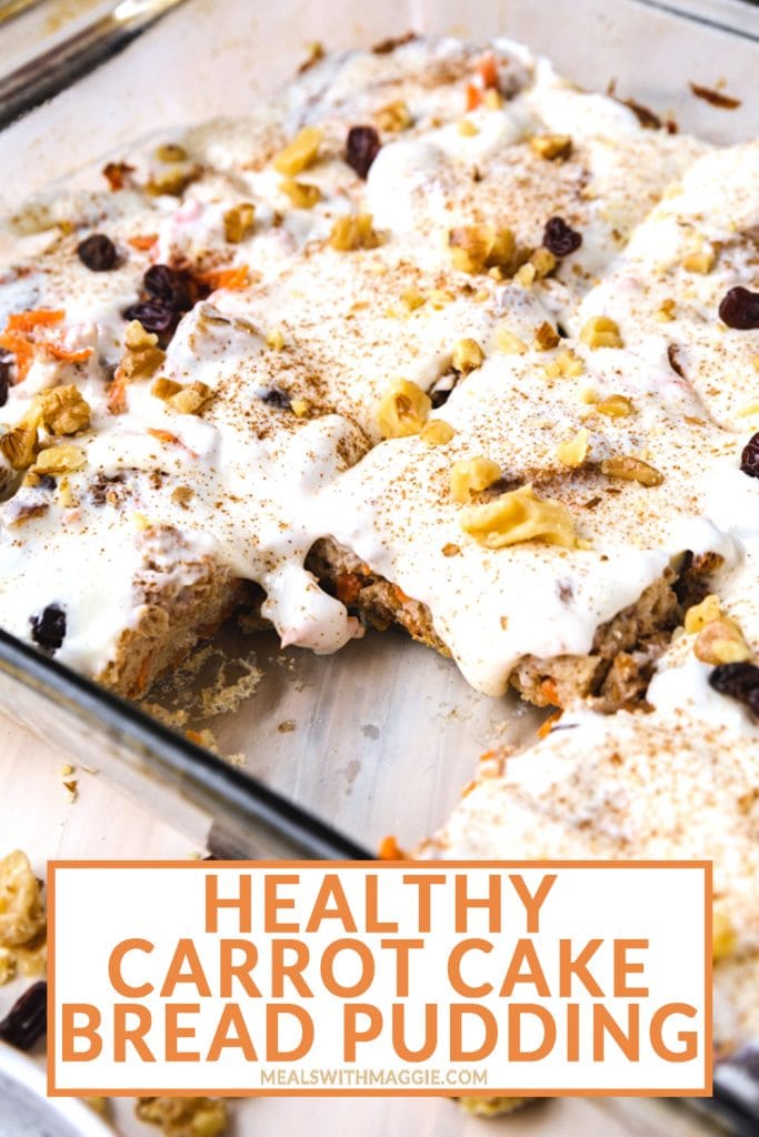 Carrot cake bread pudding in a casserole dish for easter brunch.