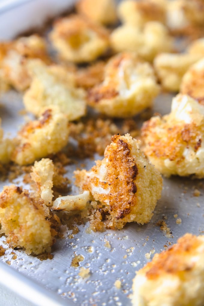 Crispy cauliflower bites on a sheet pan.