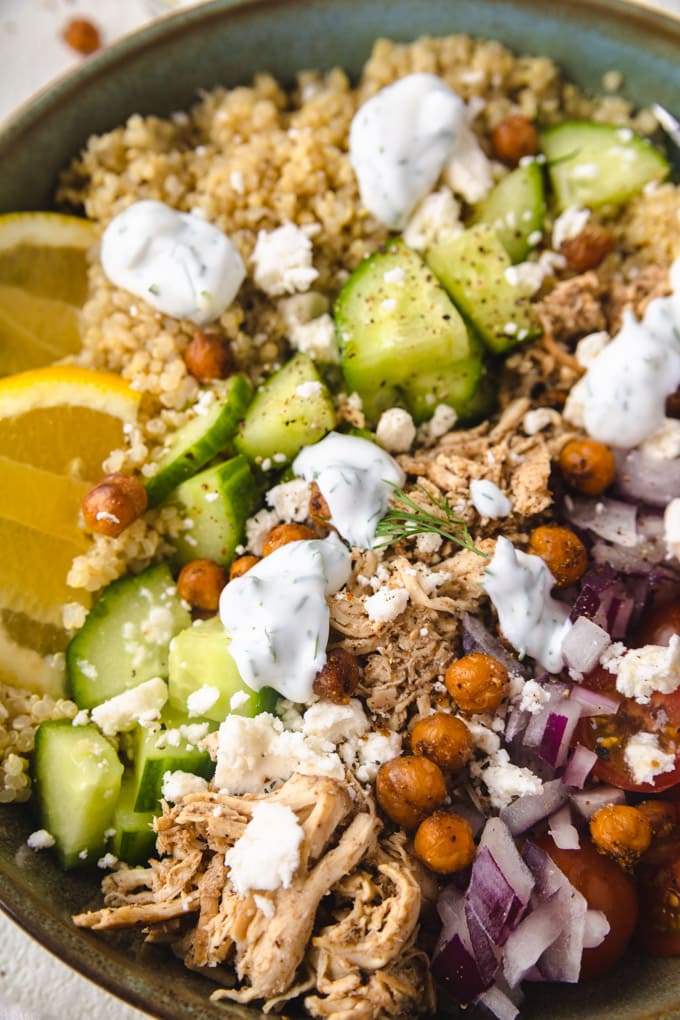 Up close shot of ingredients in chicken shawarma bowl.