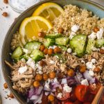 chicken and vegetables in a bowl with a fork.