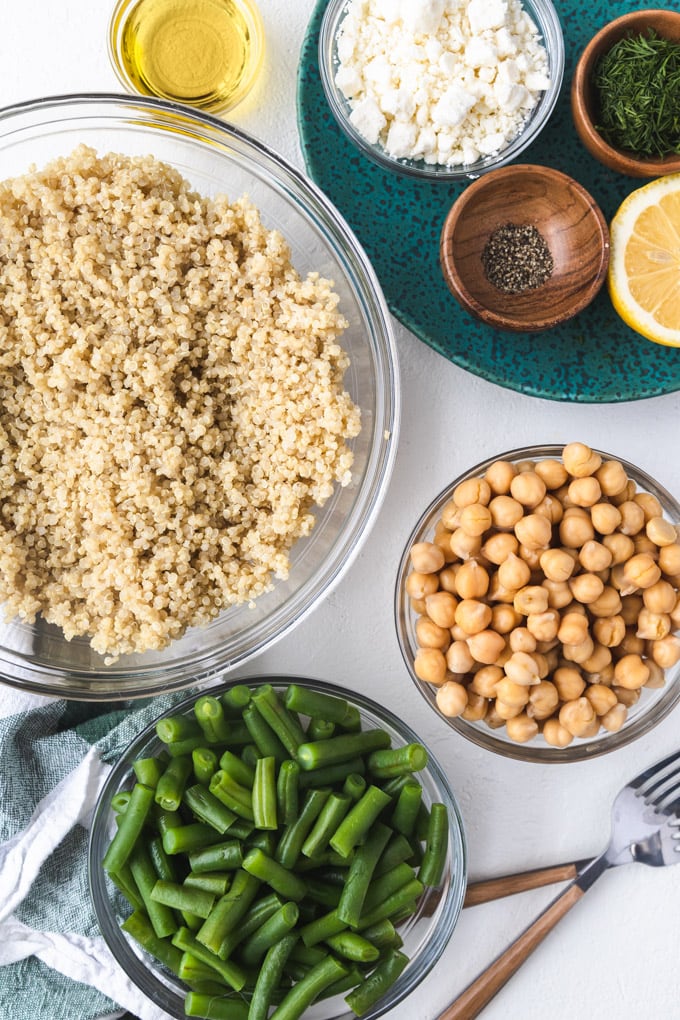 ingredients for salad in separate bowls.