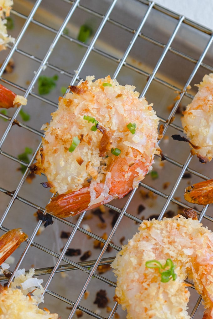 baked shrimp on a baking sheet. 