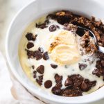 Ice cream on top of brownie bowl