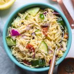 chicken pasta salad with a fork in it.