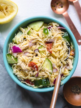 chicken pasta salad with a fork in it.