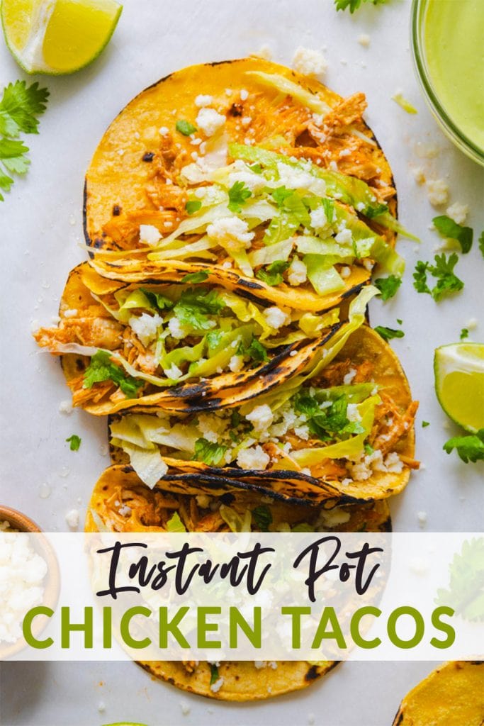 a bunch of instant pot chicken tacos in a row with toppings around them.