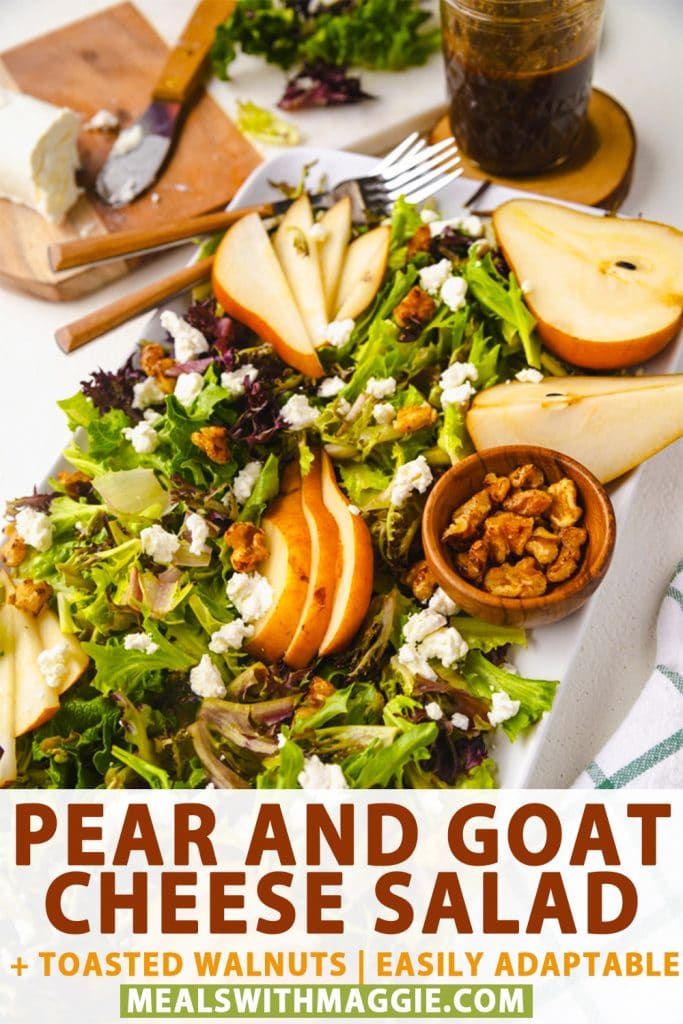 a pear and goat cheese salad on a plate with balsamic vinaigrette