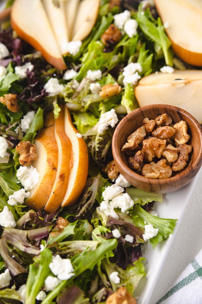 pear balsamic salad on a platter. 