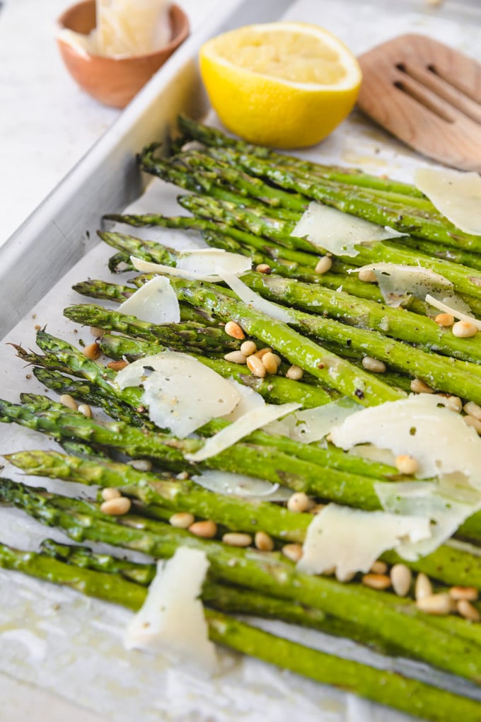 Oven roasted asparagus with lemon and parmesan cheese.