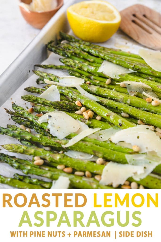 Lemon asparagus with pine nuts and Parmesan cheese. 