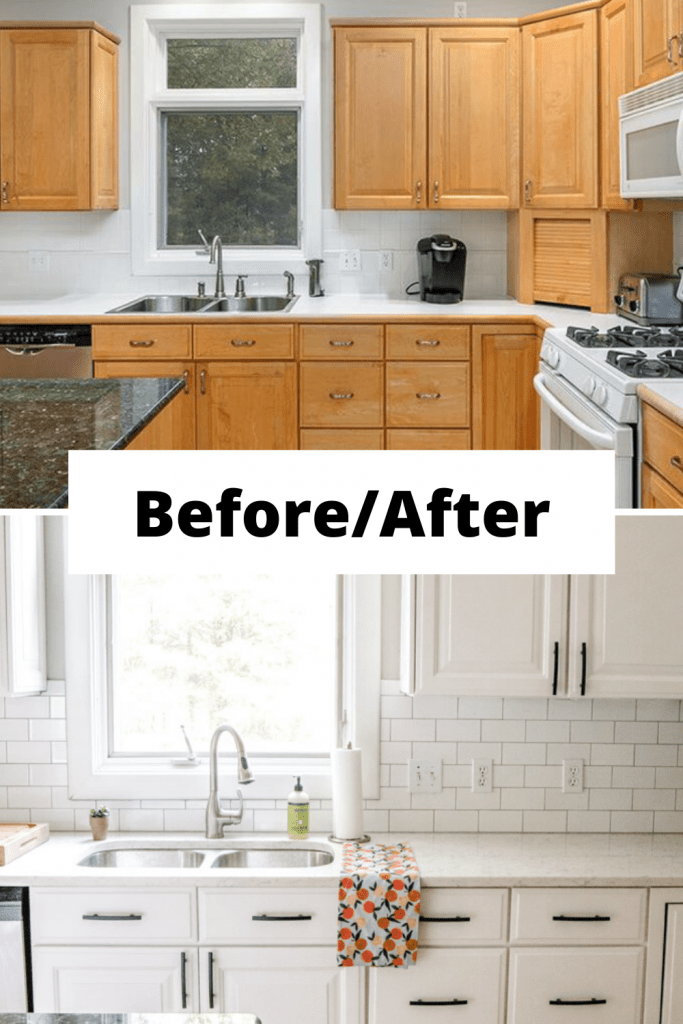 Before and after image of kitchen remodel with white cabinets and white subway tile and marbled quartz. 