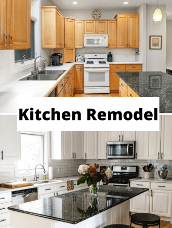 Before and after white kitchen black hardware with white subway tile.