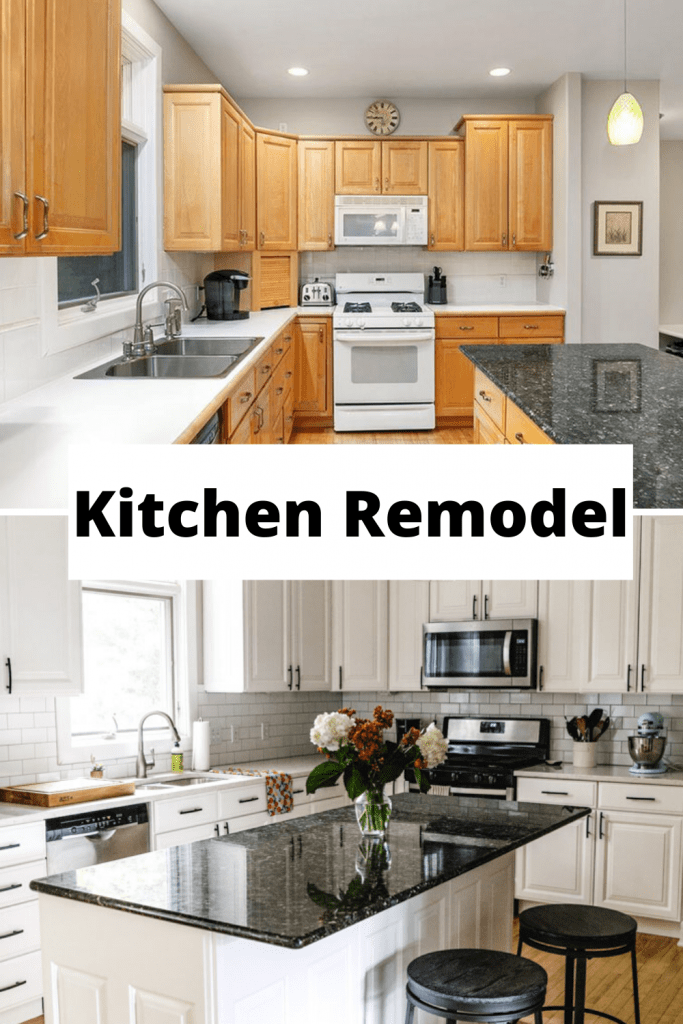 Before and after kitchen remodel from maple cabinets to white cabinets. 