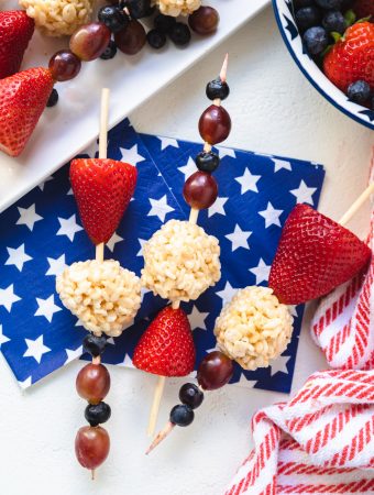 fruit skewers with Rice Krispies treats and fruit on them