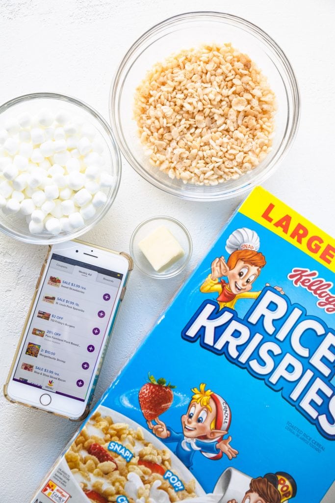 marshmallows, Rice Krispies and butter in separate bowls.