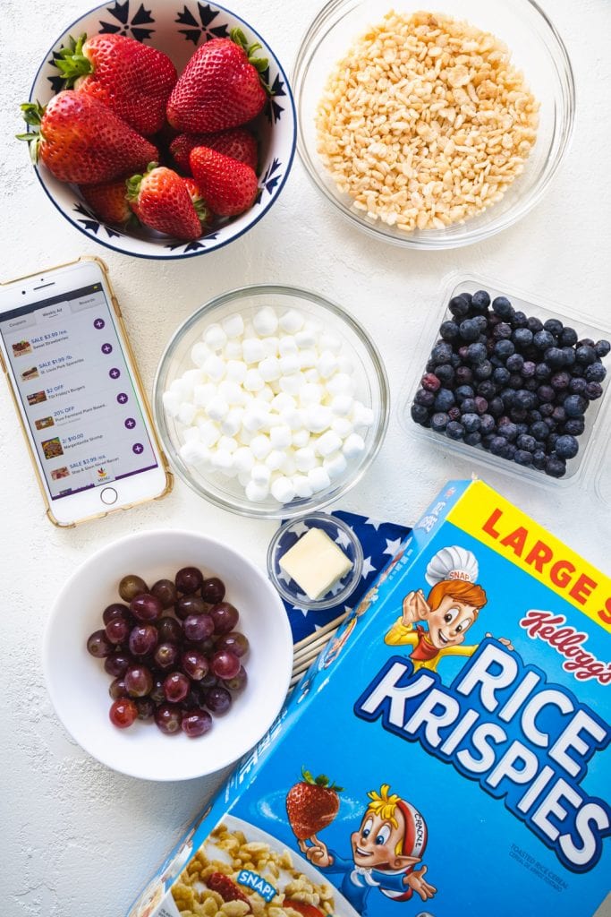 Ingredients in bowls with box of Rice Krispie Cereal.