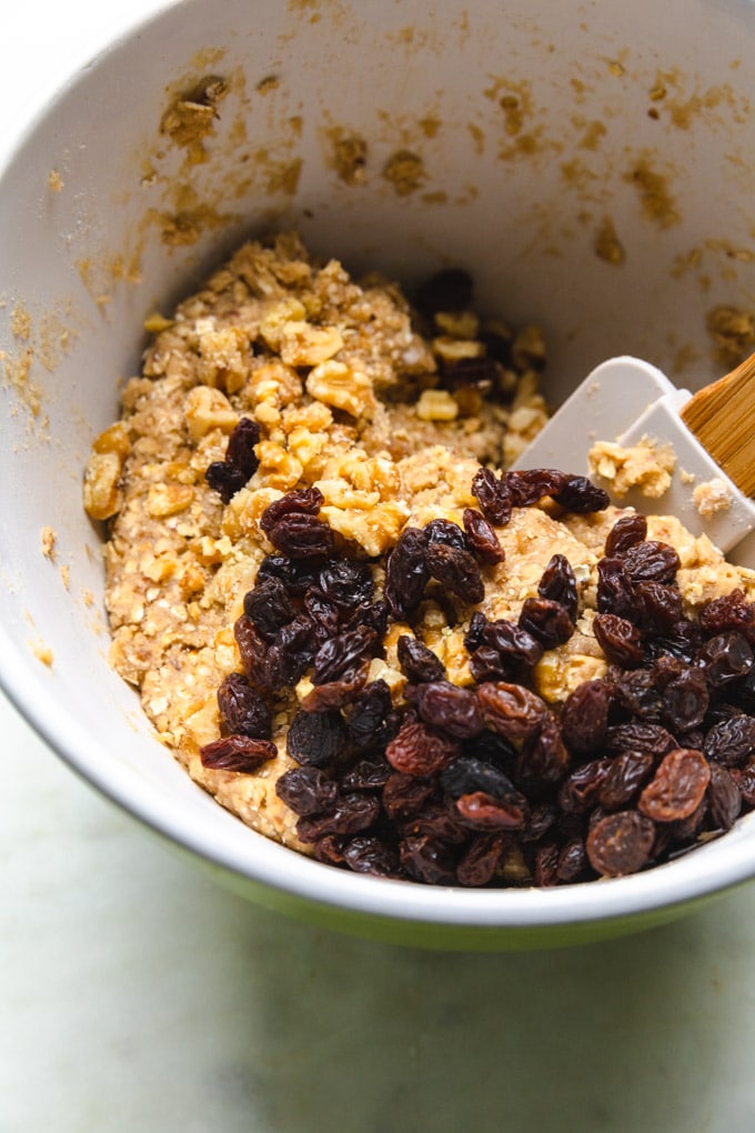 ingredients for cookies in a bowl with a spatula. 