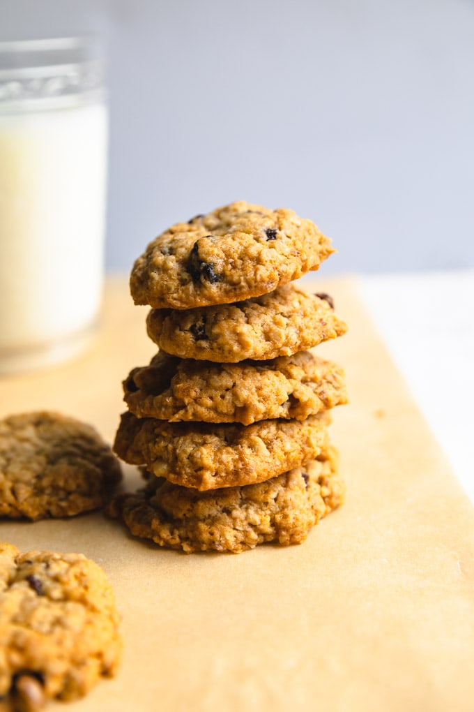 oatmeal raisin cookies with a glass of milk. 