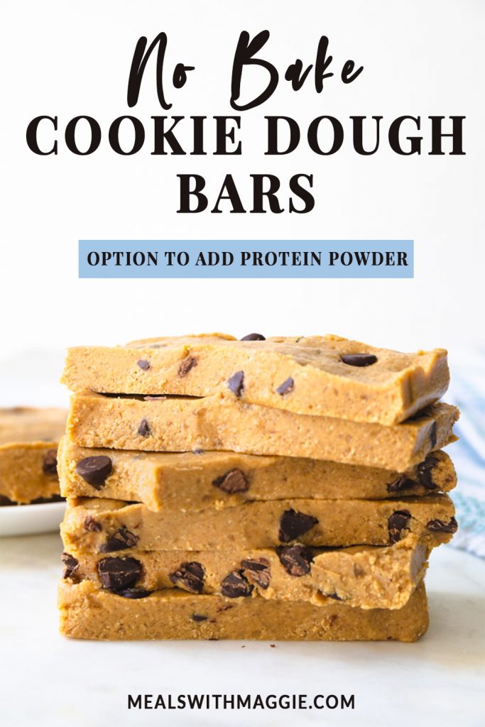 cookie dough bars with text above them. 